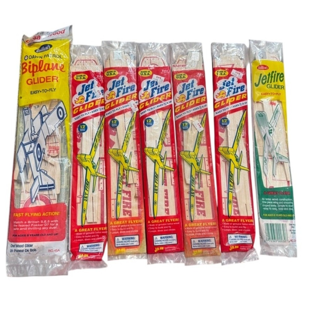 Vintage Balsa Wood Glider Plane Lot Guillows JA-RU Jet Fire Biplane 7pc New